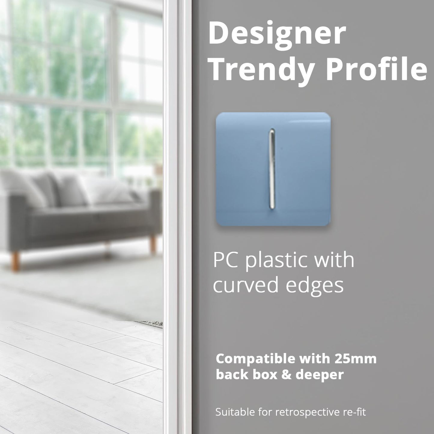 Trendi 1 Gang 2 Way 240V Screwless Artistic Modern Glossy 10 Amp Chrome Rocker Electrical Wall Light Switch in Sky Blue (5 pack)