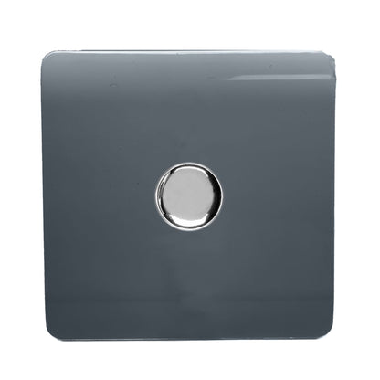 Trendi 1 Gang 2 Way 240V 100w LED Dimmer Screwless Raised Front Plate Plastic Artistic Modern Glossy 10 Amp Chrome Single Electrical Wall Light Switch in Warm Grey - ART-LDMWG