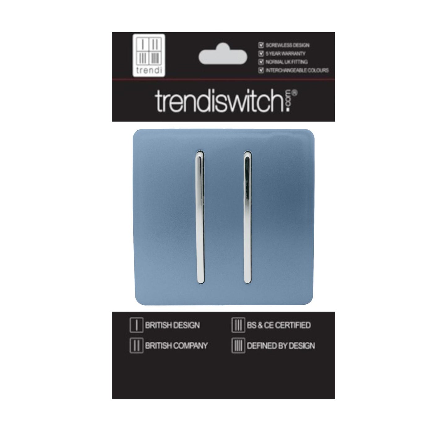 Trendi 2 Gang 2 Way 240V Screwless Artistic Modern Glossy 10 Amp Chrome Rocker Electrical Wall Light Switch in Sky Blue (2 pack)