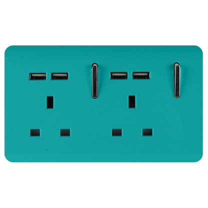 Trendi 2 Gang Artistic Modern Glossy 13 Amp 4x2.1mA USB Switched Tactile Plug Socket Bright Teal