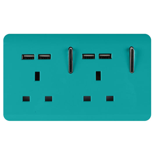 Trendi 2 Gang Artistic Modern Glossy 13 Amp 4x2.1mA USB Switched Tactile Plug Socket Bright Teal