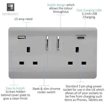 Trendi 2 Gang Artistic Modern Glossy 13 Amp 2 x Type A & C 3100mA USB Switched Plug Socket Brushed Steel