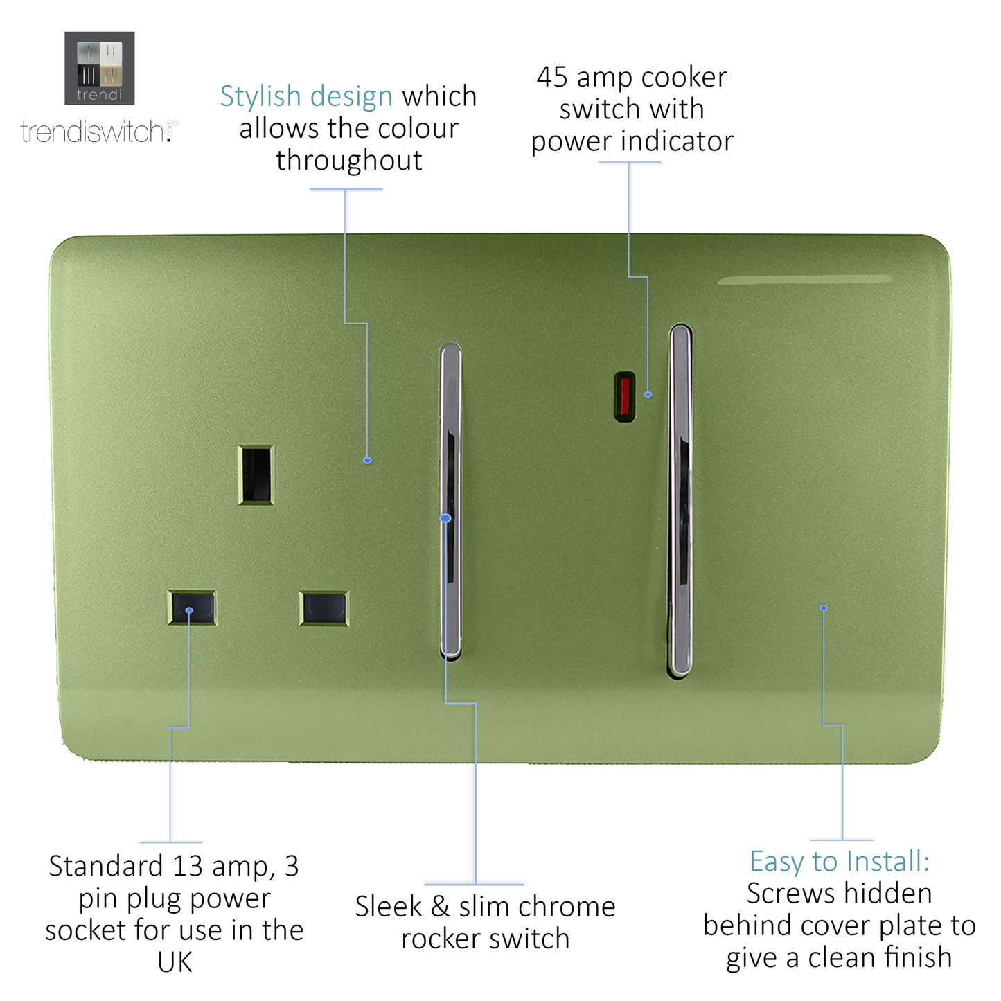 Trendi Artistic Modern Glossy 45 A Cooker Switch & Plug Socket Inc Neon Insert Moss Green