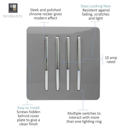 Trendi 4 Gang 2 Way Artistic Modern Glossy 10 Amp Rocker Tactile Light Switch Light Grey