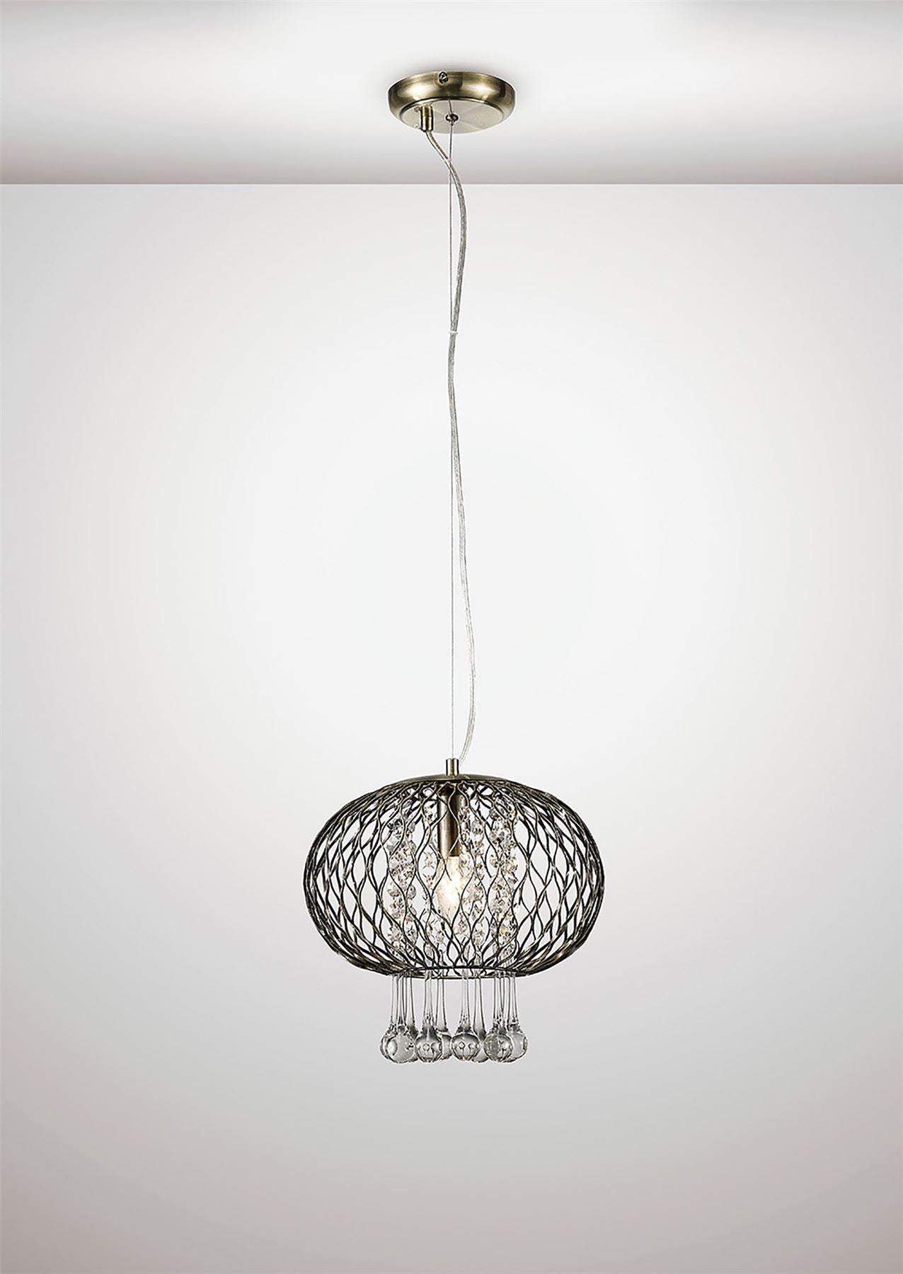 Diyas Chelsie 28cm Medium  1 Light E14 Antique Brass/Clear Beaded Glass Ceiling Pendant Light Fitting