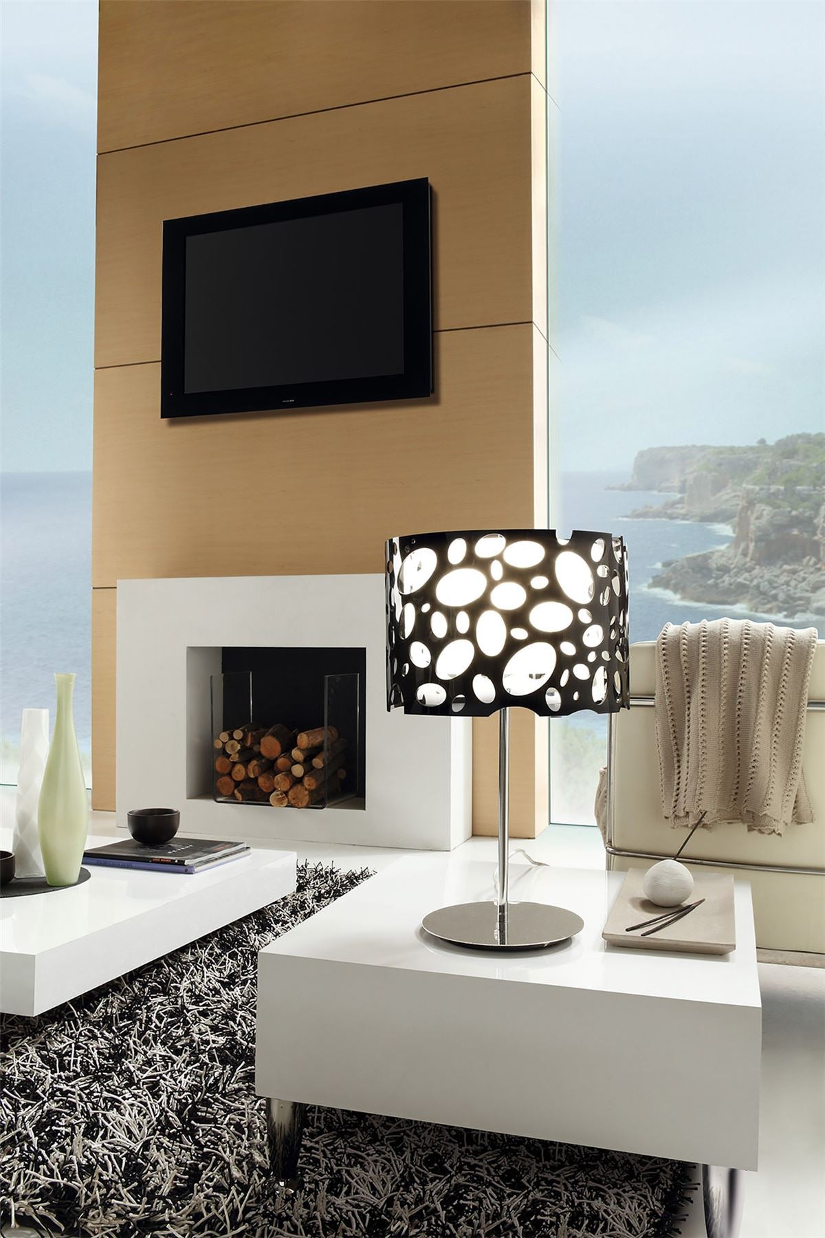 Mantra Lupin Table Lamp 1 Light E27, Gloss Black/White Acrylic/Polished Chrome, CFL Lamps INCLUDED