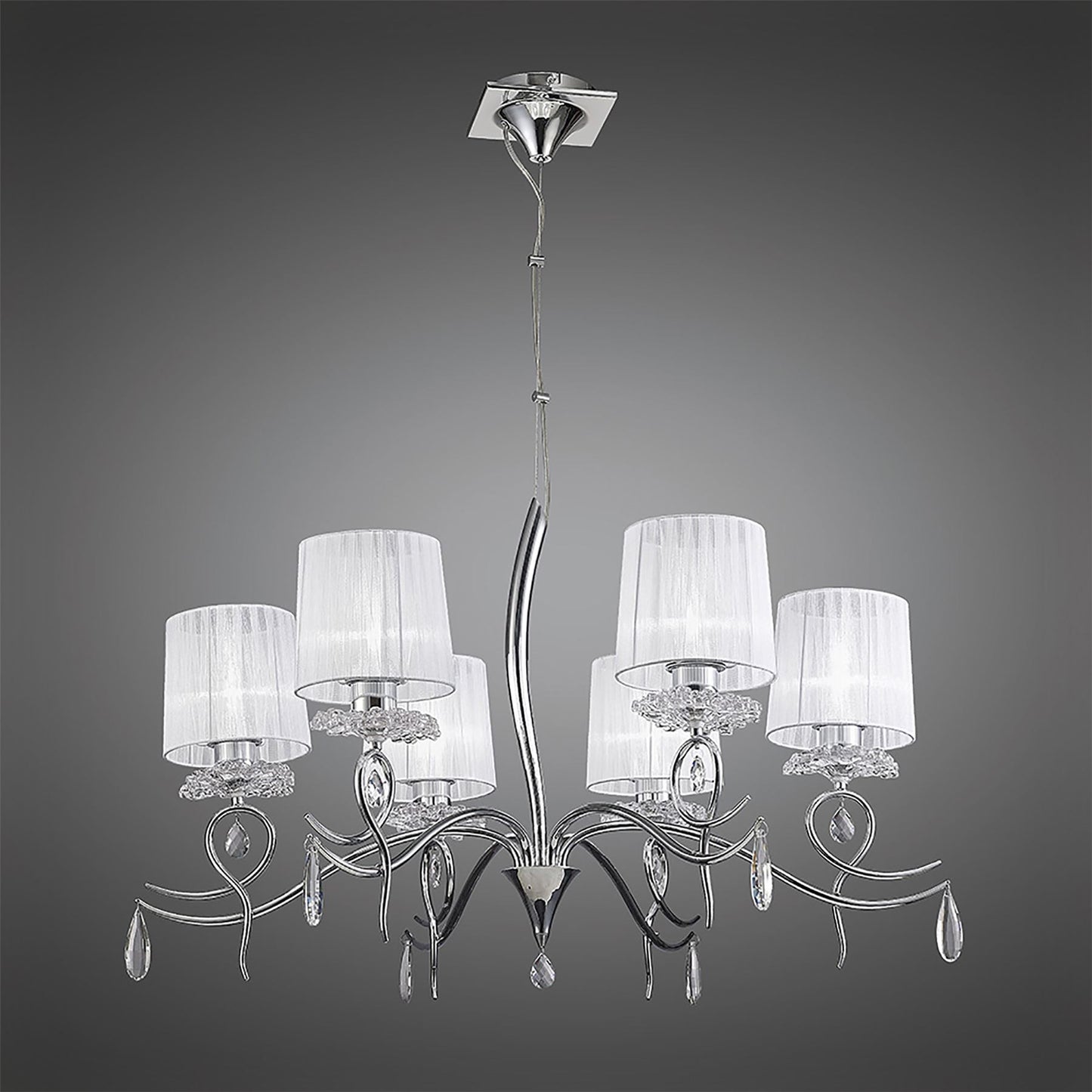 Mantra Louise Pendant 6 Light E27 with White Shades Polished Chrome/Clear Crystal