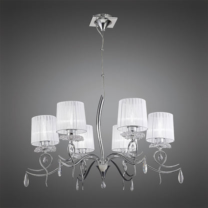 Mantra Louise Pendant 6 Light E27 with White Shades Polished Chrome/Clear Crystal