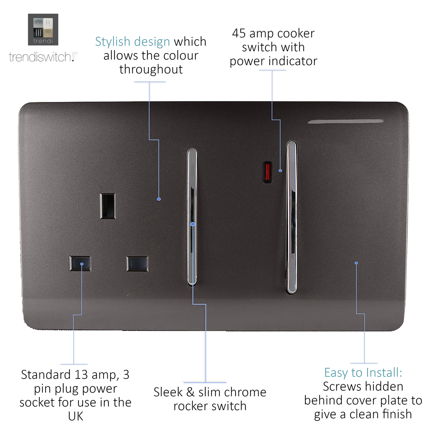 Trendi Artistic Modern Glossy 45 A Cooker Switch & Plug Socket Inc Neon Insert Dark Brown