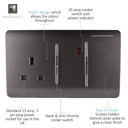 Trendi Artistic Modern Glossy 45 A Cooker Switch & Plug Socket Inc Neon Insert Dark Brown