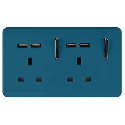 Trendi 2 Gang Artistic Modern Glossy 13 Amp 4x2.1mA USB Switched Tactile Plug Socket Ocean Blue