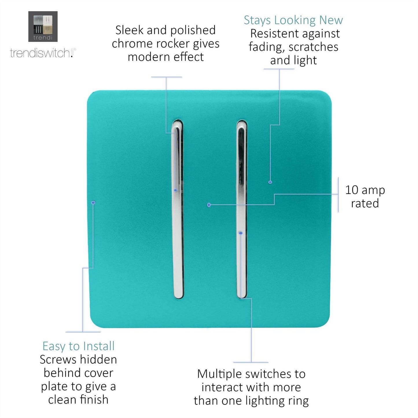 Trendi 2 Gang (2 Way & 3 way Intermediate) 240V Screwless Raised Front Plate Plastic Artistic Modern Glossy 10 Amp Chrome Rocker Double Electrical Wall Light Switch Bright Teal - ART-SS29BT