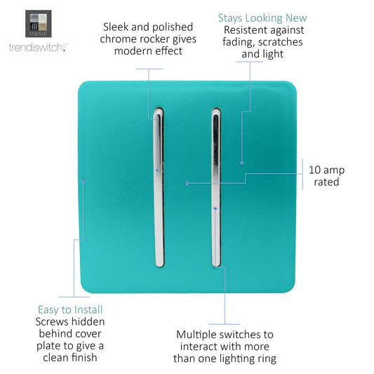 Trendi 2 Gang (2 Way & 3 way Intermediate) 240V Screwless Raised Front Plate Plastic Artistic Modern Glossy 10 Amp Chrome Rocker Double Electrical Wall Light Switch Bright Teal - ART-SS29BT
