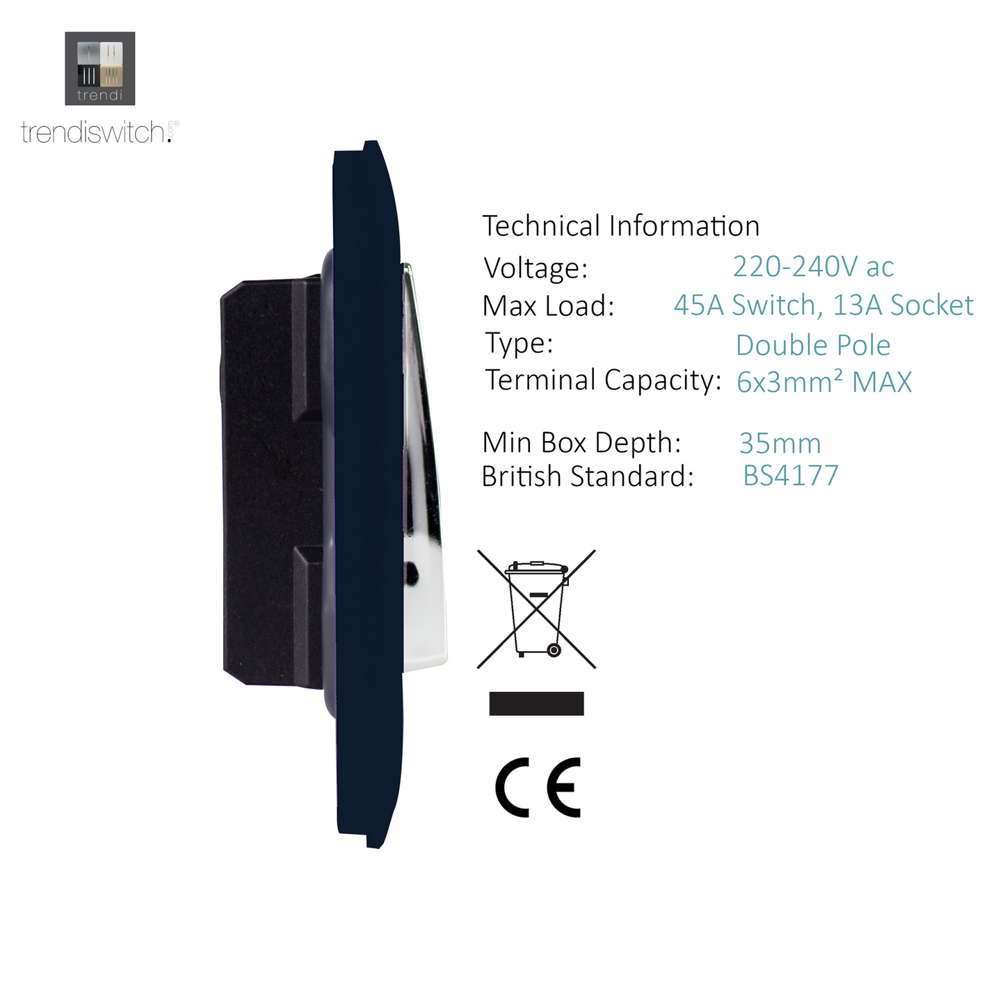 Trendi Artistic Modern Glossy 45 A Cooker Switch & Plug Socket Inc Neon Insert Navy