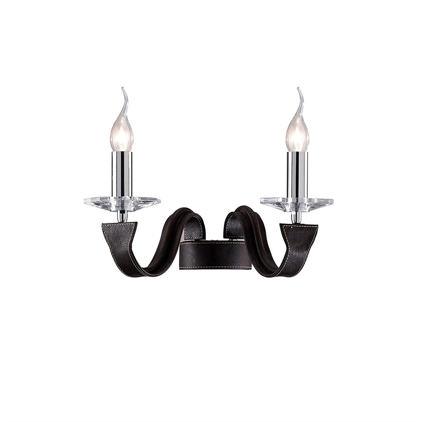 Diyas Nardini Wall Light 2 Light E14 Polished Chrome/Dark Brown Faux Leather/Crystal