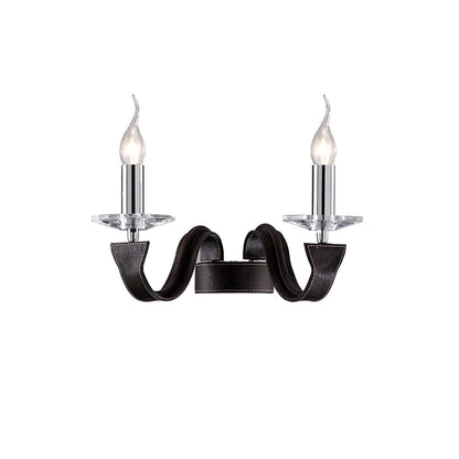 Diyas Nardini Wall Light 2 Light E14 Polished Chrome/Dark Brown Faux Leather/Crystal