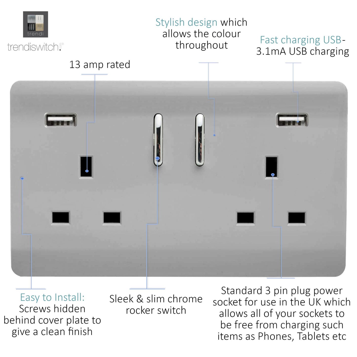 Trendi 2 Gang Artistic Modern Glossy 13 Amp 2 x 3.1mA USB Switched Plug Socket Steel