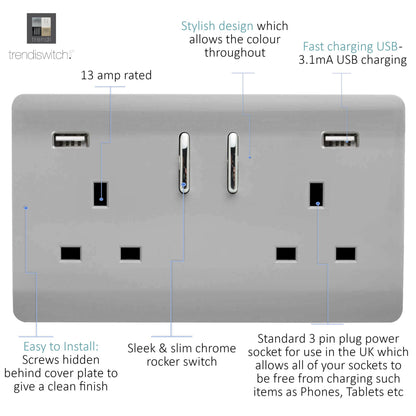 Trendi 2 Gang Artistic Modern Glossy 13 Amp 2 x 3.1mA USB Switched Plug Socket Steel