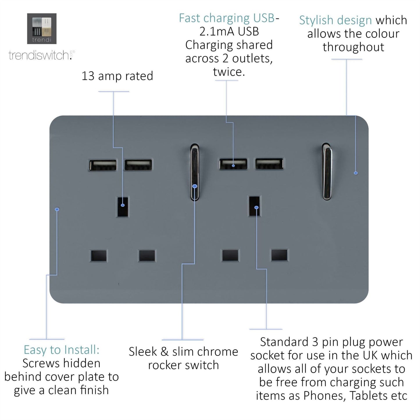 Trendi 2 Gang Artistic Modern Glossy 13 Amp 4x2.1mA USB Switched Tactile Plug Socket Warm Grey