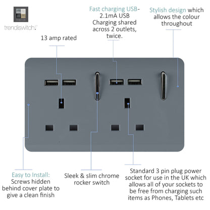 Trendi 2 Gang Artistic Modern Glossy 13 Amp 4x2.1mA USB Switched Tactile Plug Socket Warm Grey