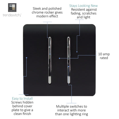 Trendi 2 Gang 2 Way  10 Amp Rocker Light Switch Matt Black Soft Touch