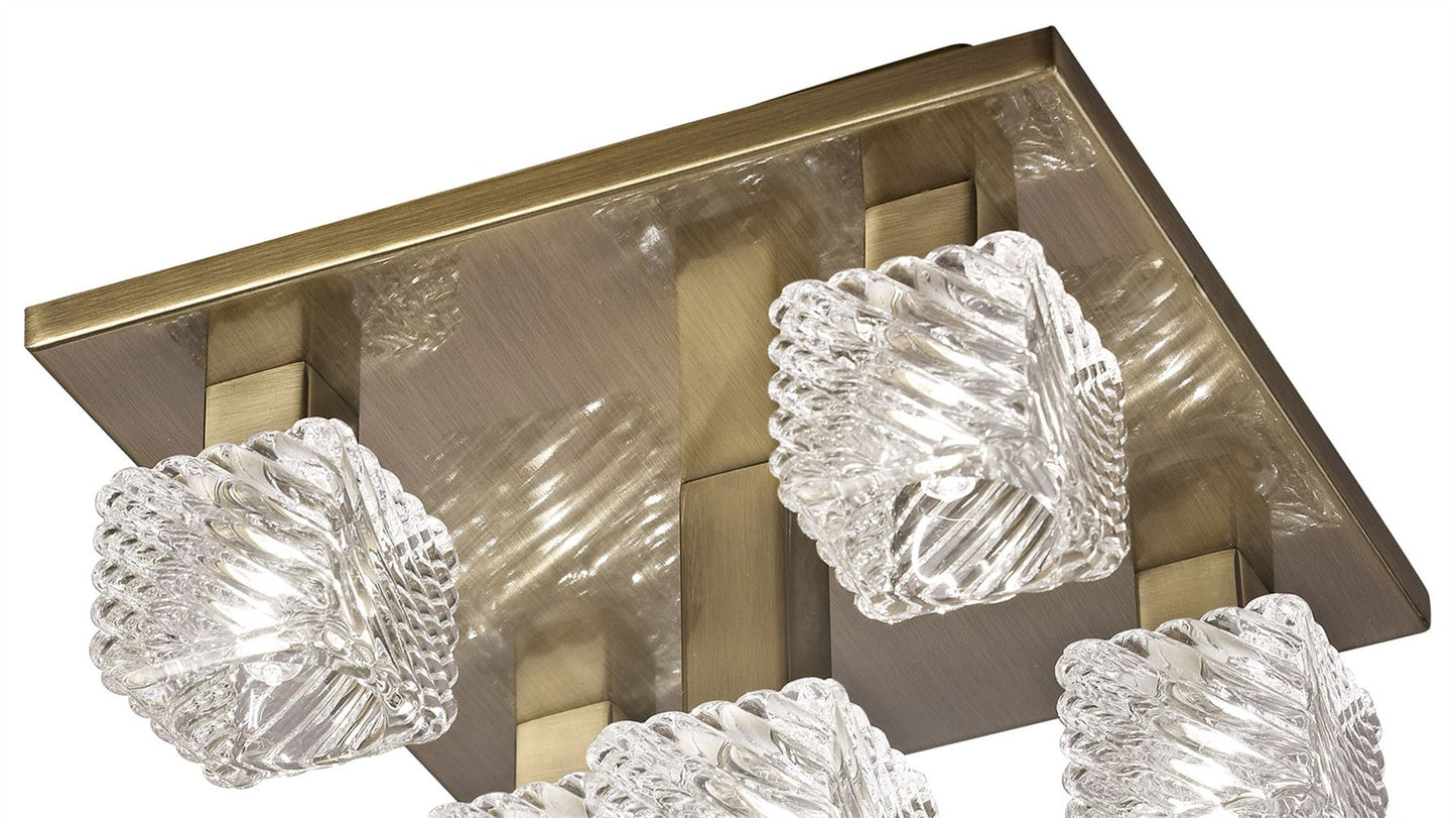 Deco Accor Ceiling Flush 5 Light G9, 230mm Square, Antique Brass/Clear Glass
