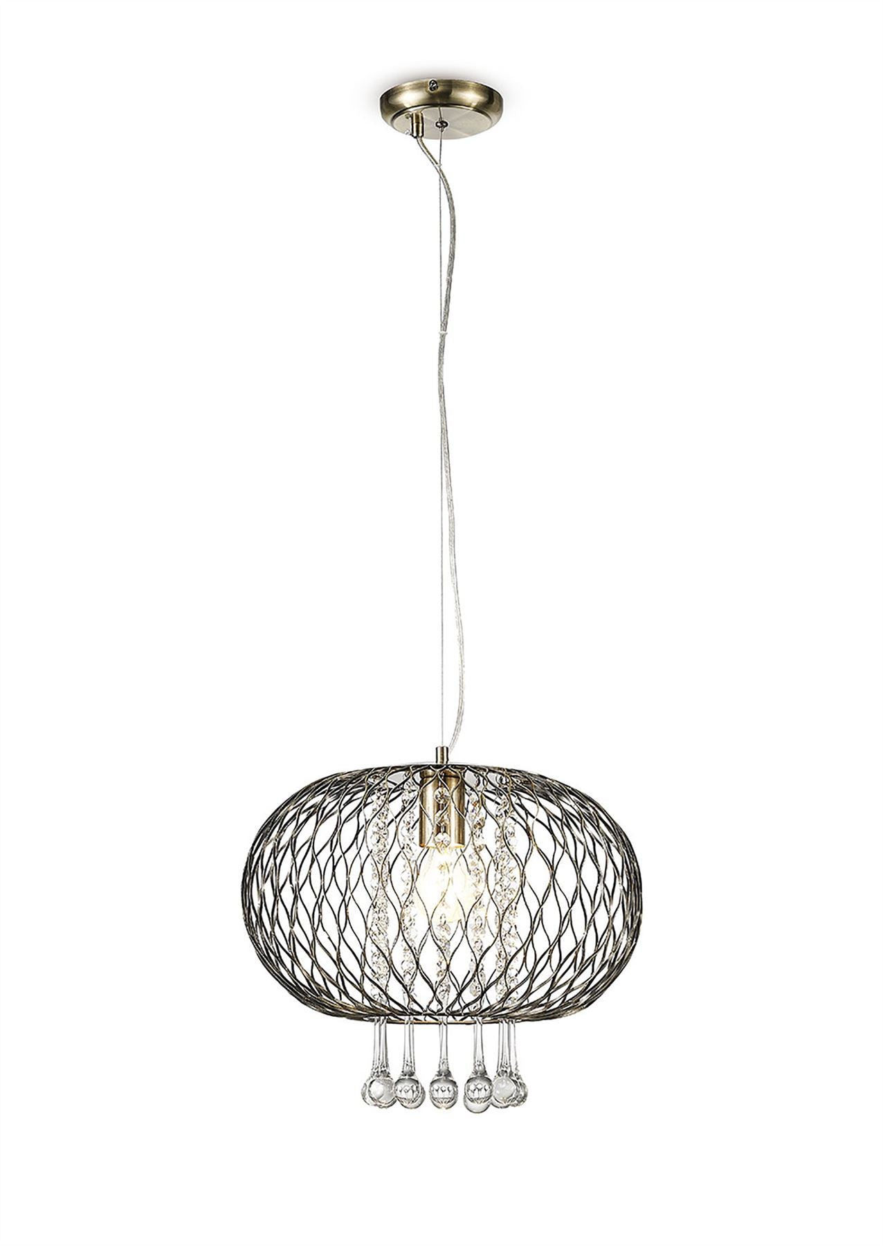 Diyas Chelsie 38cm Large  1 Light E27 Antique Brass/Clear Beaded Glass Ceiling Pendant Light Fitting