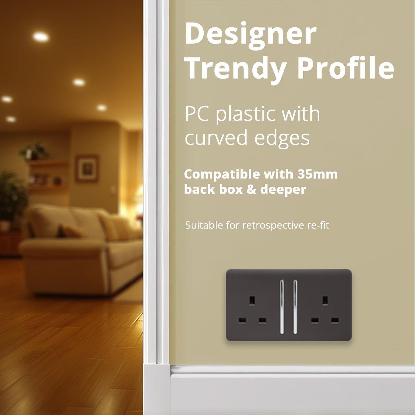 Trendi 2 Gang Raised Artistic Modern Glossy Screwless 13 Amp Single Pole with Chrome Switched UK Standard Electrical Double Wall Plug Socket in Dark Mocha Brown - ART-SKT213LDB