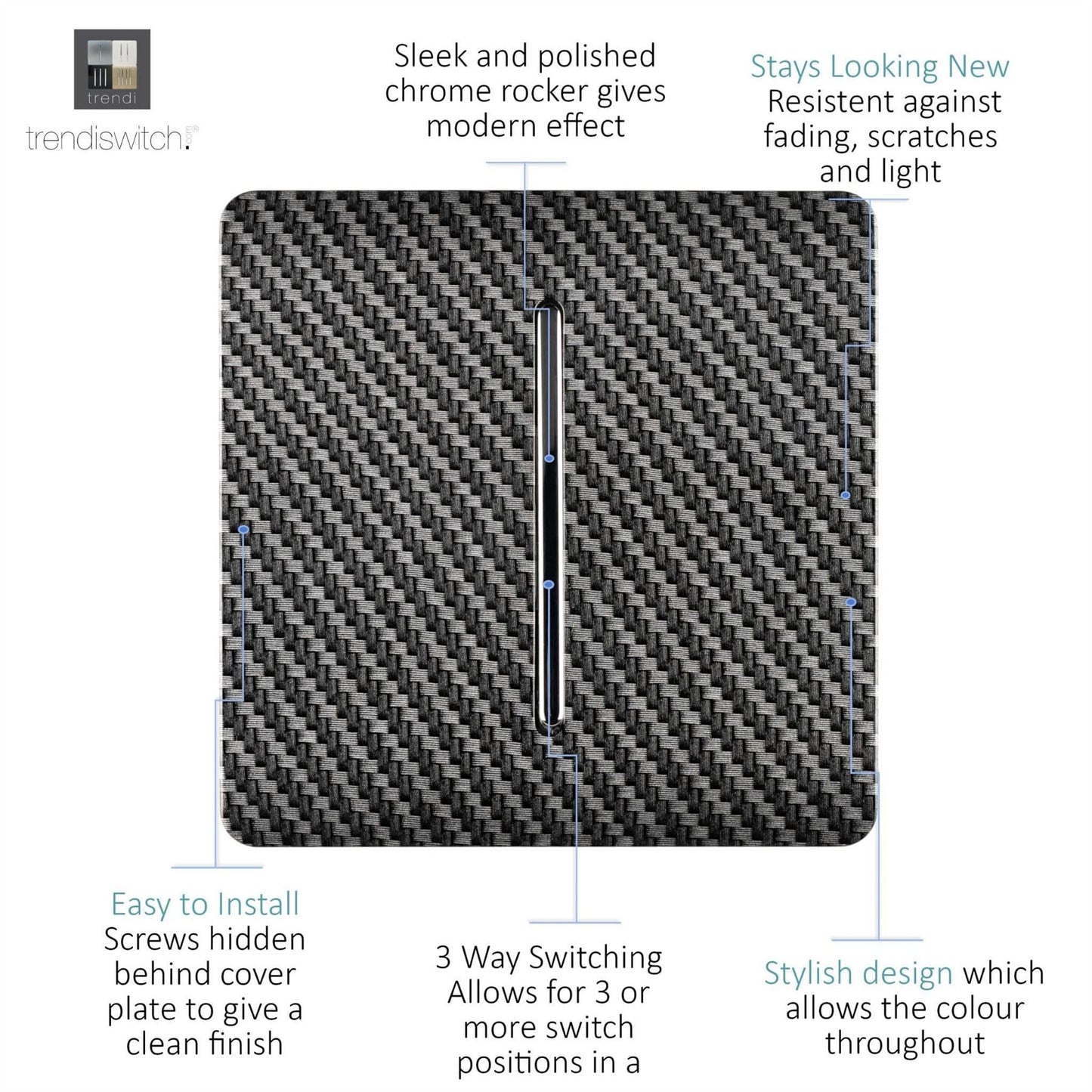 Trendi Switch 1 Gang Intermediate Rocker Modern Designer Light Switch in Carbon Fibre