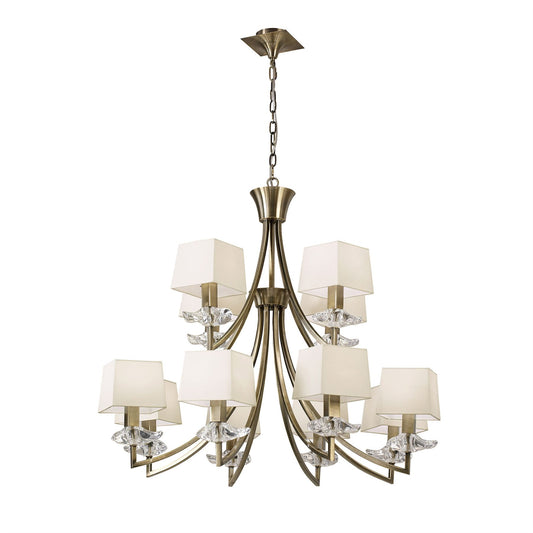 Mantra Akira 90cm Pendant 2 Tier 12 Light E14, Antique Brass with Cream Shades