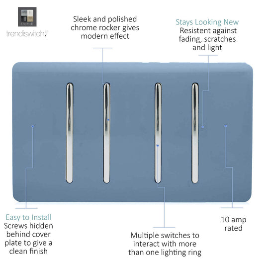 Trendi Artistic Modern Glossy 4 Gang 2 Way  Rocker Double Plate Tactile Light Switch Sky