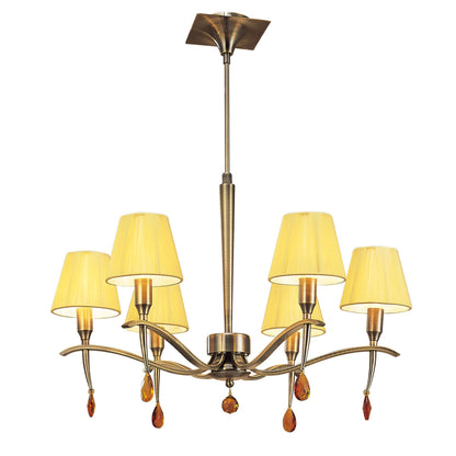 Mantra Siena 63cm Pendant Round 6 Light E14, Antique Brass with Amber Cream Shades and Amber Crystal