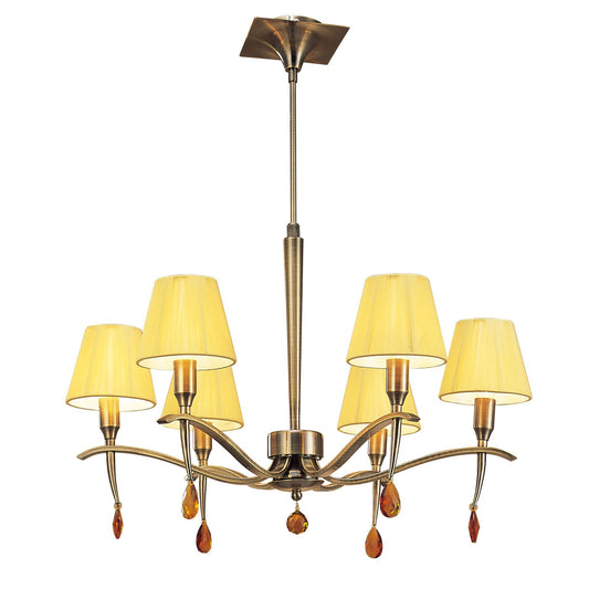 Mantra Siena 63cm Pendant Round 6 Light E14, Antique Brass with Amber Cream Shades and Amber Crystal