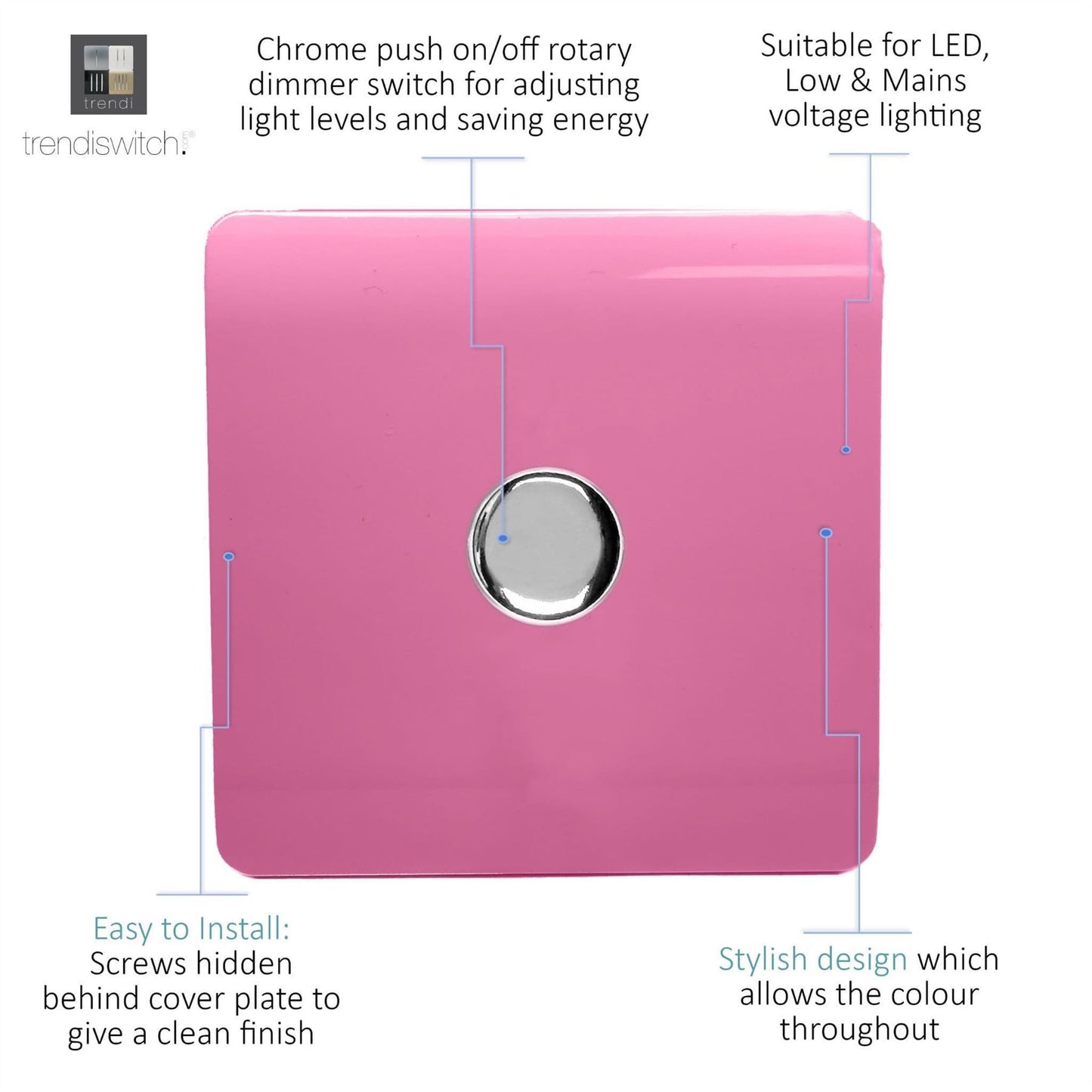 Trendi 1 Gang 2 Way 240V 100w LED Dimmer Screwless Raised Front Plate Plastic Artistic Modern Glossy 10 Amp Chrome Single Electrical Wall Light Switch in Candy Pink - ART-LDMPK