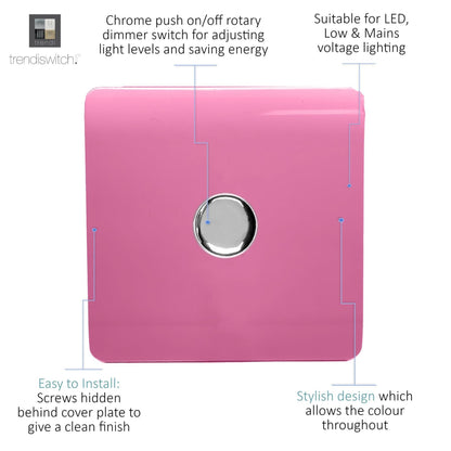 Trendi 1 Gang 2 Way 240V 100w LED Dimmer Screwless Raised Front Plate Plastic Artistic Modern Glossy 10 Amp Chrome Single Electrical Wall Light Switch in Candy Pink - ART-LDMPK