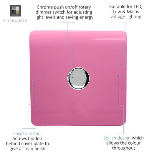 Trendi 1 Gang 2 Way 240V 100w LED Dimmer Screwless Raised Front Plate Plastic Artistic Modern Glossy 10 Amp Chrome Single Electrical Wall Light Switch in Candy Pink - ART-LDMPK