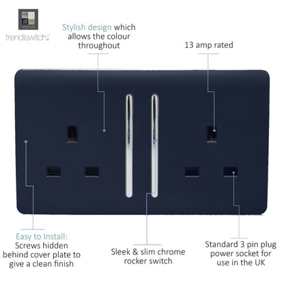 Trendi 2 Gang Raised Artistic Modern Glossy Screwless 13 Amp Single Pole with Chrome Switched UK Standard Electrical Double Wall Plug Socket in Navy Blue - ART-SKT213LNV