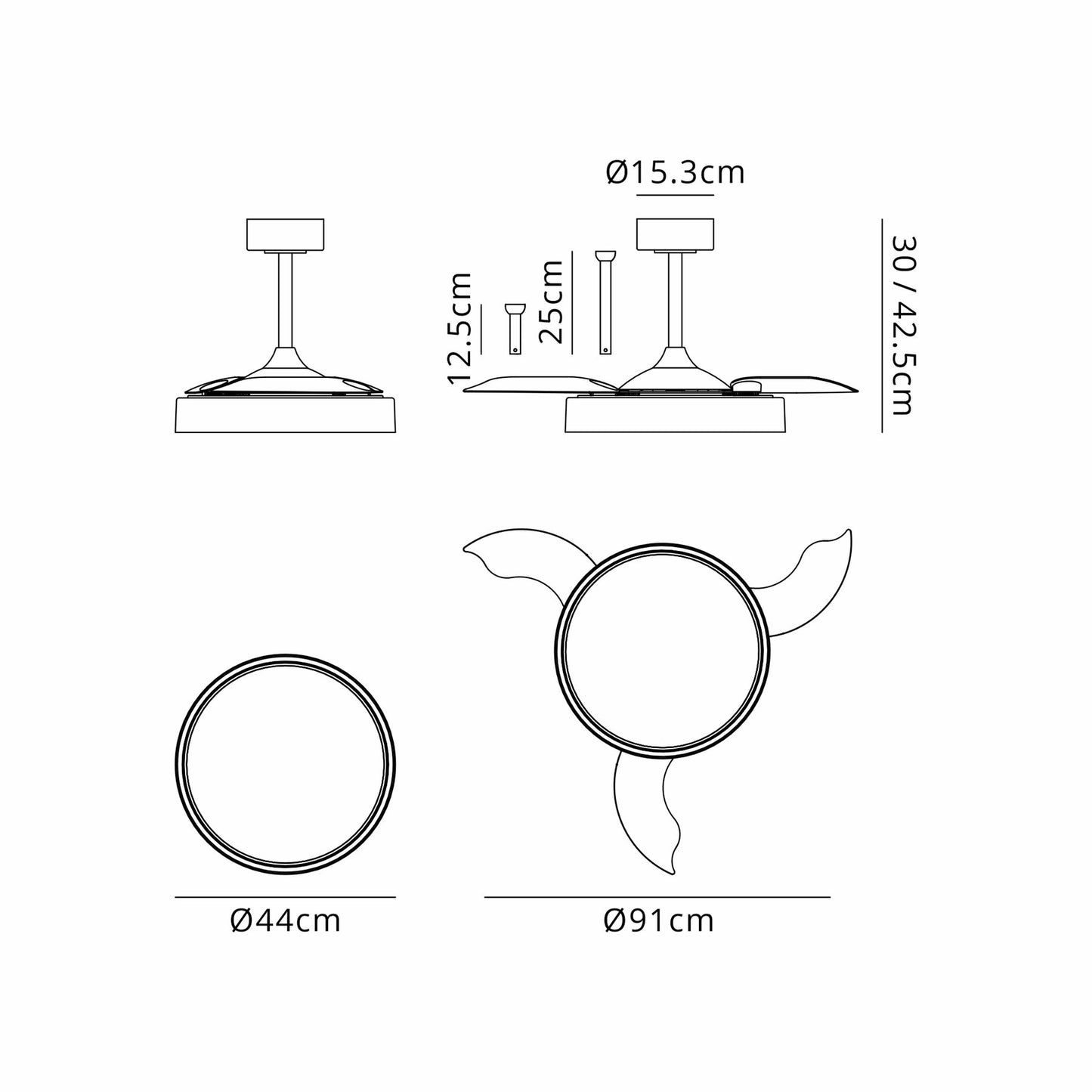 Glass Fan 44cm 36W LED Dimmable Ceiling Light With Built-In 25W DC Fan, 3000-5000K Remote Control, 5710lm, White/Clear, 5yrs Warranty