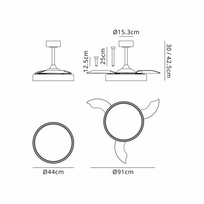 Glass Fan 44cm 36W LED Dimmable Ceiling Light With Built-In 25W DC Fan, 3000-5000K Remote Control, 5710lm, White/Clear, 5yrs Warranty