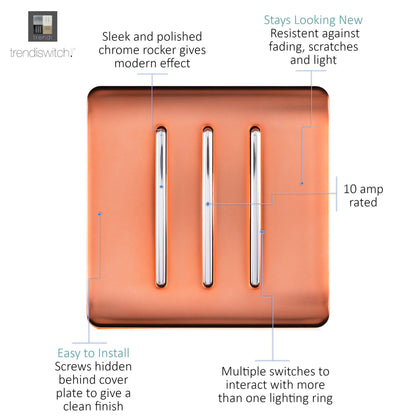 Trendi 3 Gang 2 Way Artistic Modern Glossy 10 Amp Rocker Tactile Light Switch Copper