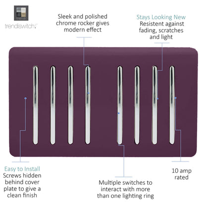 Trendi Artistic Modern Glossy 8 Gang 2 Way Rocker  Double Plate Tactile Light Switch Plum