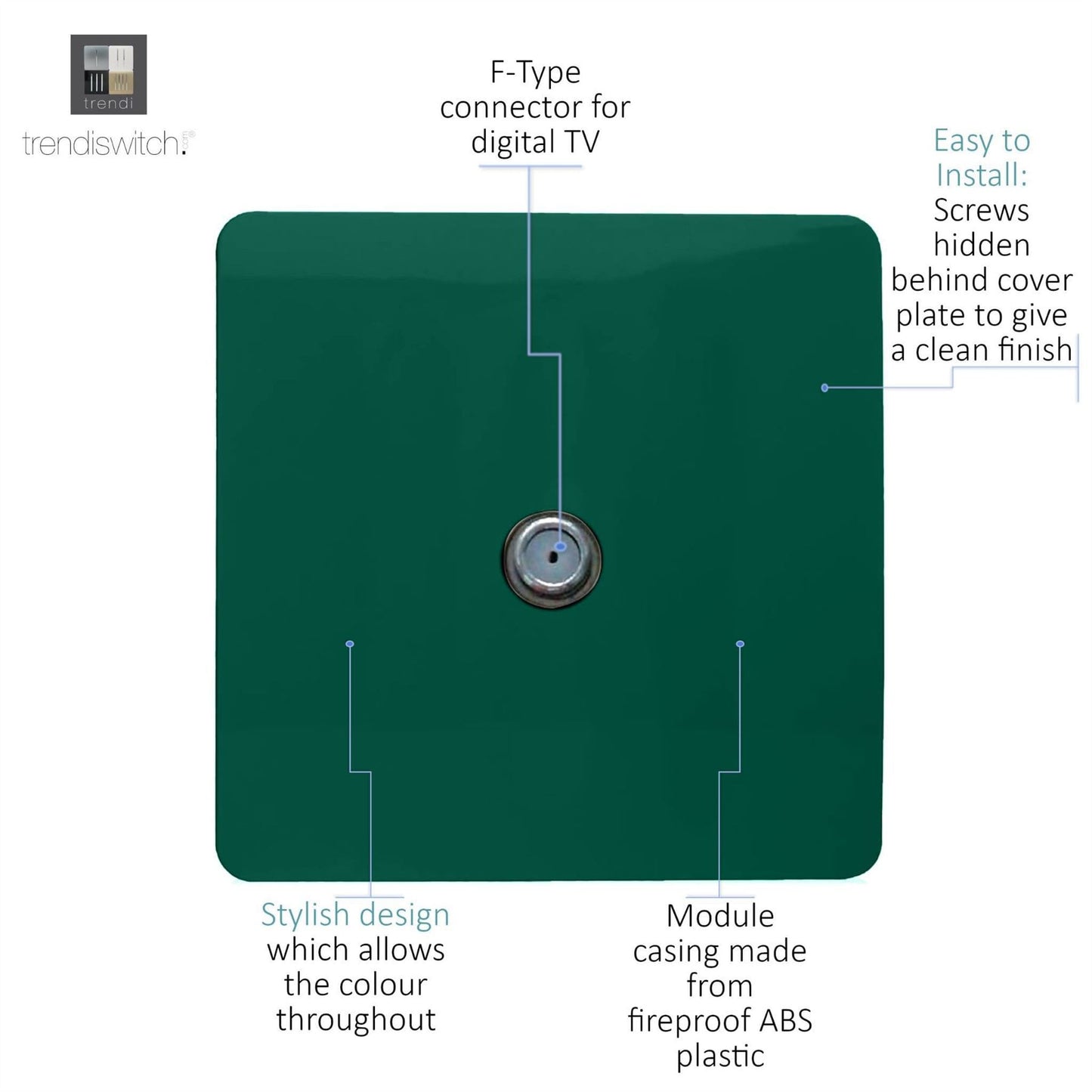 Trendi 1 Gang Artistic Modern Glossy Screwless Television Satellite Socket Dark Green