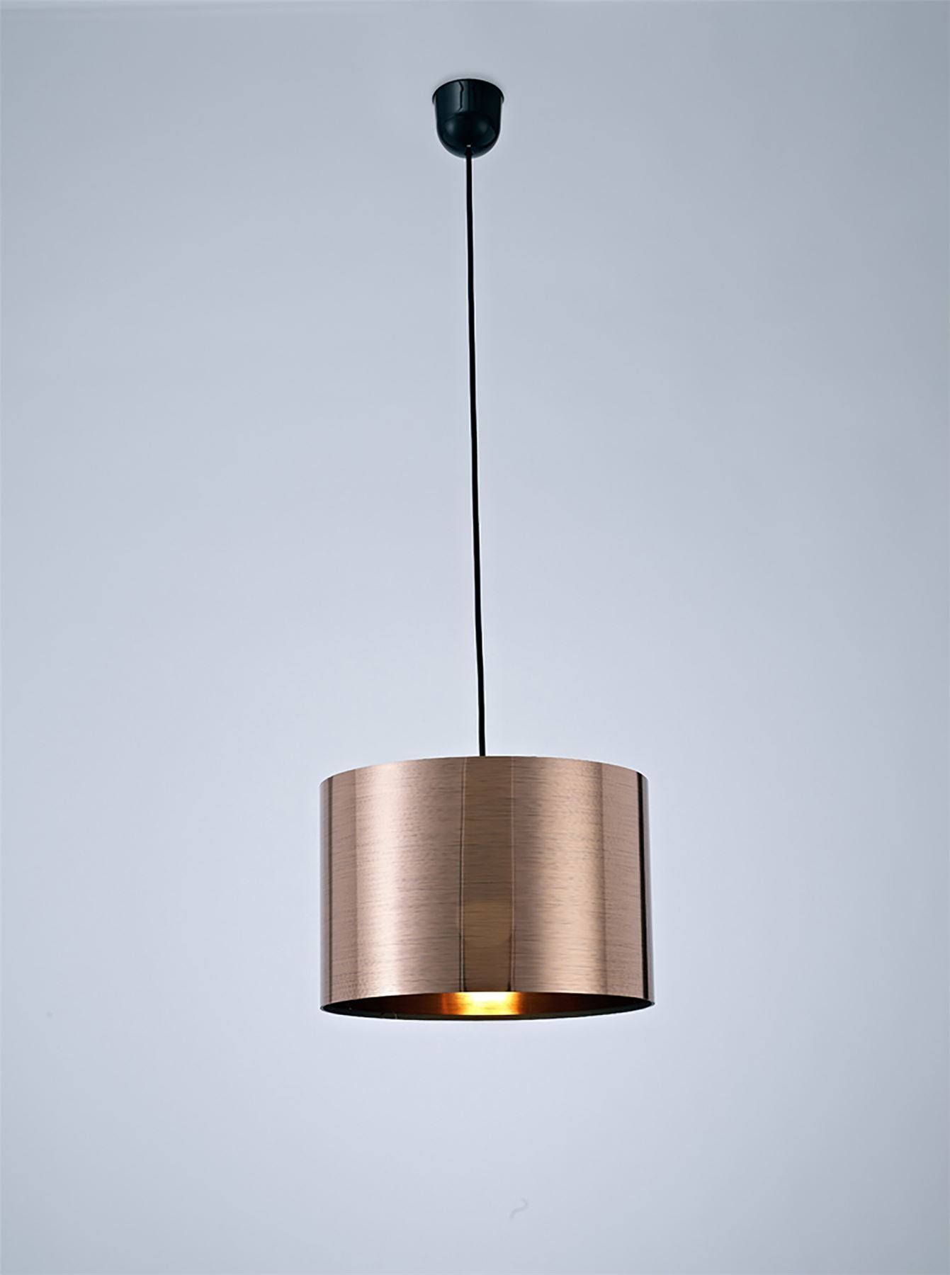 Deco Dako Black Pendant 1 Light E27 with 300 x 200mm Metallic Copper Finish Cylinder Shade, c/w Ceiling Bracket