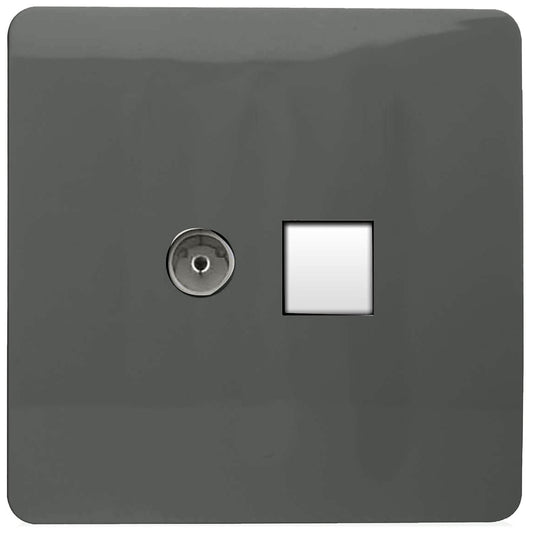 Trendi Artistic Modern Glossy Tactile TV Co-axial Socket + Telephone Socket Charcoal