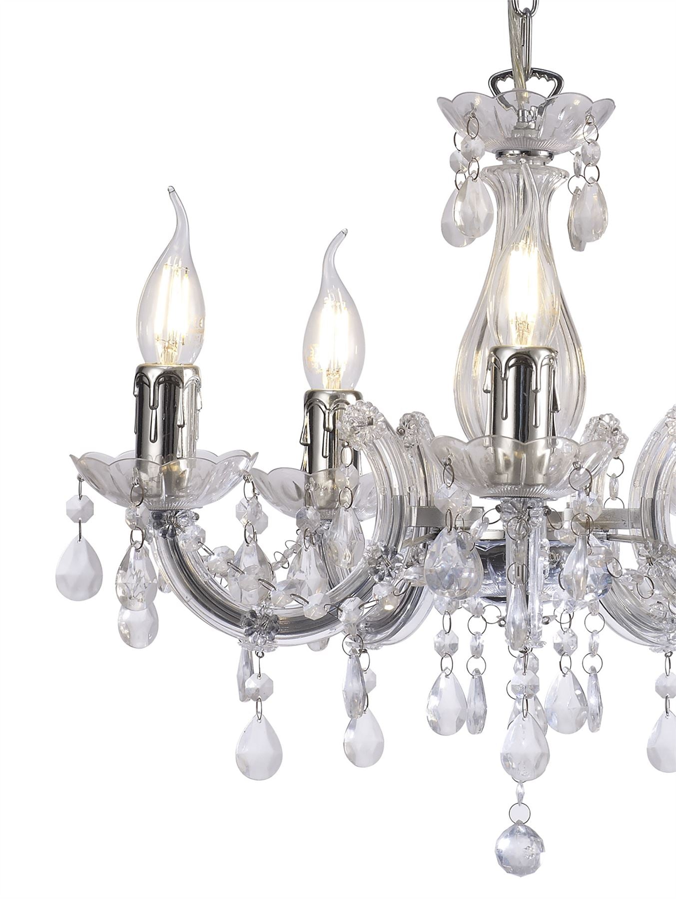 Deco Floria Chandelier with Acrylic Sconce & Acrylic Droplets 5 Light E14 Polished Chrome Finish