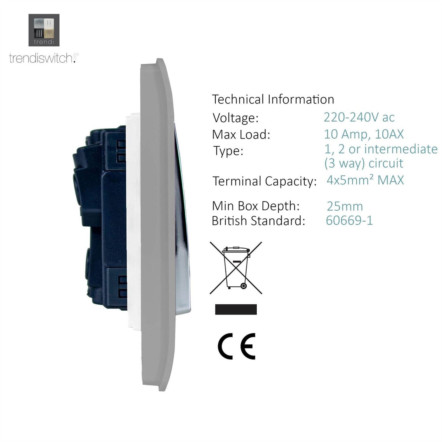 Trendi 4 Gang (2 Way & 1x Intermediate) Glossy 10 Amp Rocker Light Switch Light Grey