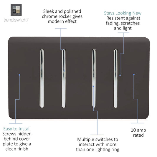 Trendi 4 Gang (2 Way & 2xIntermediate) Glossy 10 Amp Rocker Light Switch Dark Brown