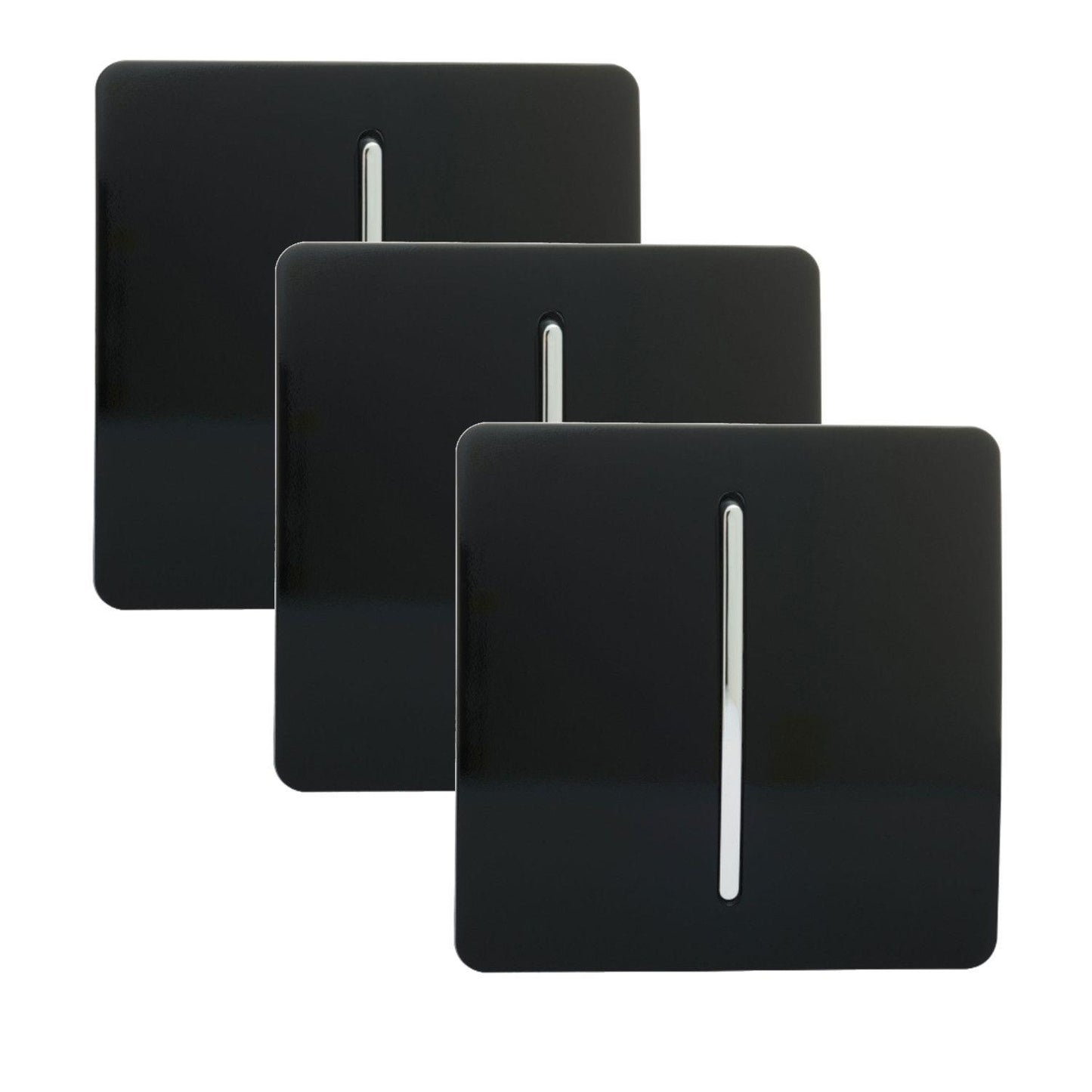 Trendi 1 Gang 2 Way 240V Screwless Artistic Modern Glossy 10 Amp Chrome Rocker Electrical Wall Light Switch in Piano Black (3 pack)