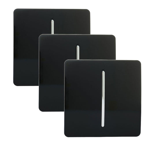 Trendi 1 Gang 2 Way 240V Screwless Artistic Modern Glossy 10 Amp Chrome Rocker Electrical Wall Light Switch in Piano Black (3 pack)
