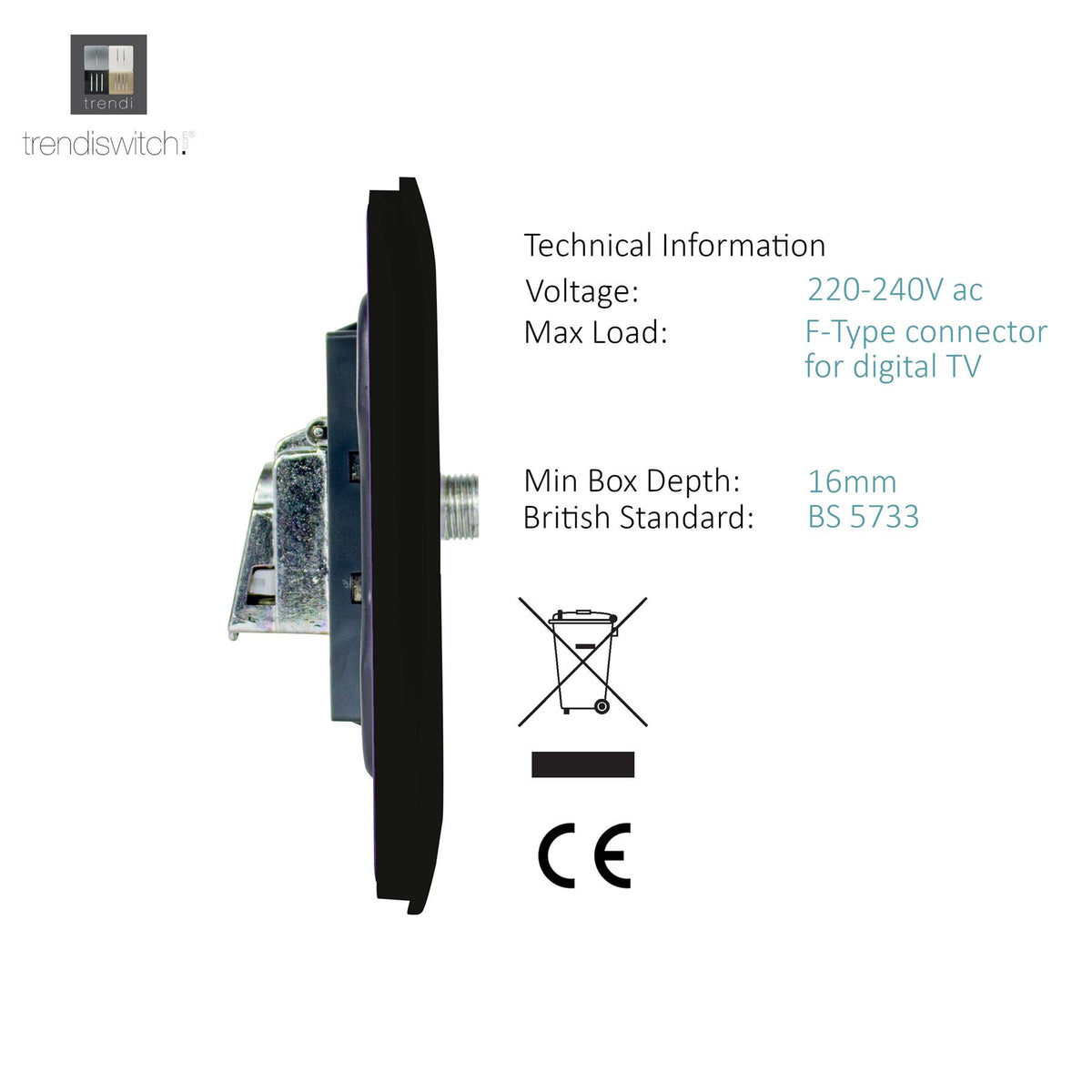 Trendi Switch Matt Black TV Coaxial & F-Type Satellite Socket - Screwless
